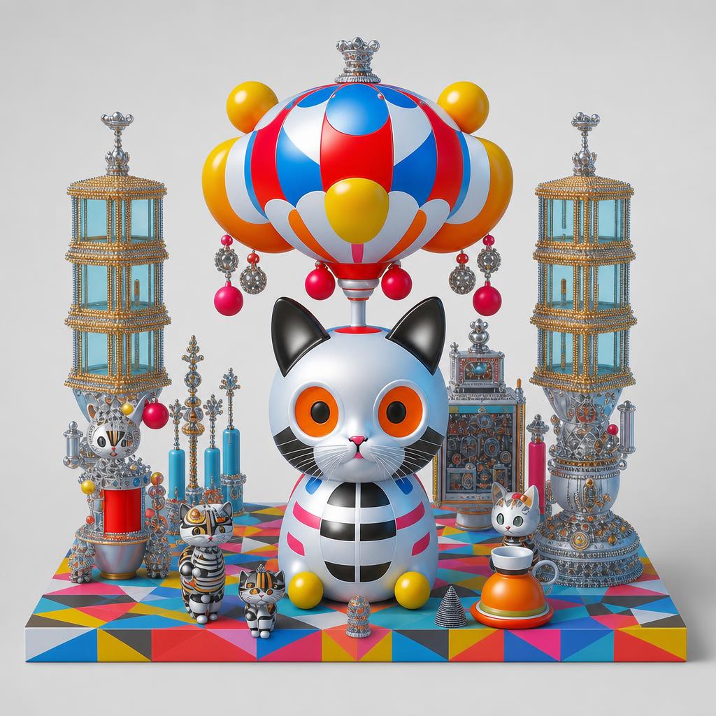 Alan — a white and black cat creature with orange eyes, crowned by a striped hot-air balloon, flanked by silver towers