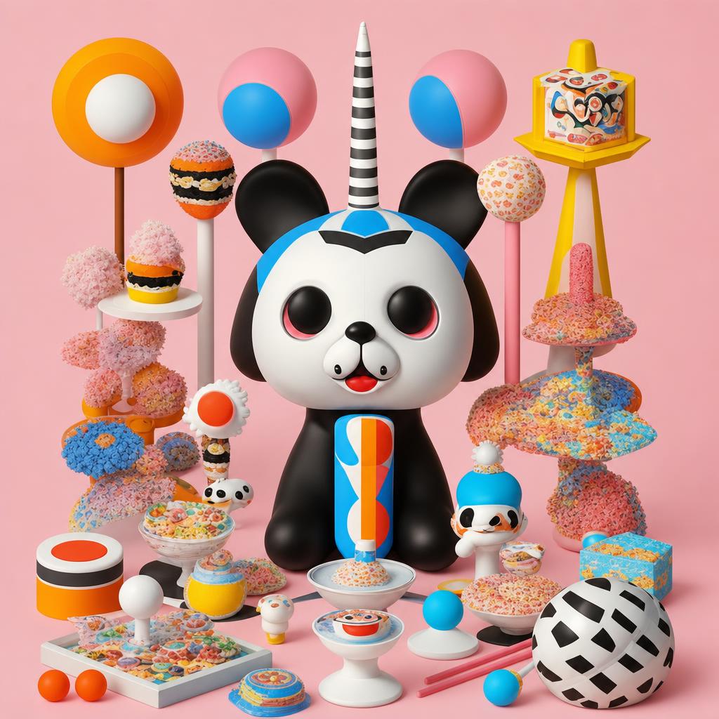 Douglas — a black and white panda creature with a striped unicorn horn, among cereal-covered towers on pink