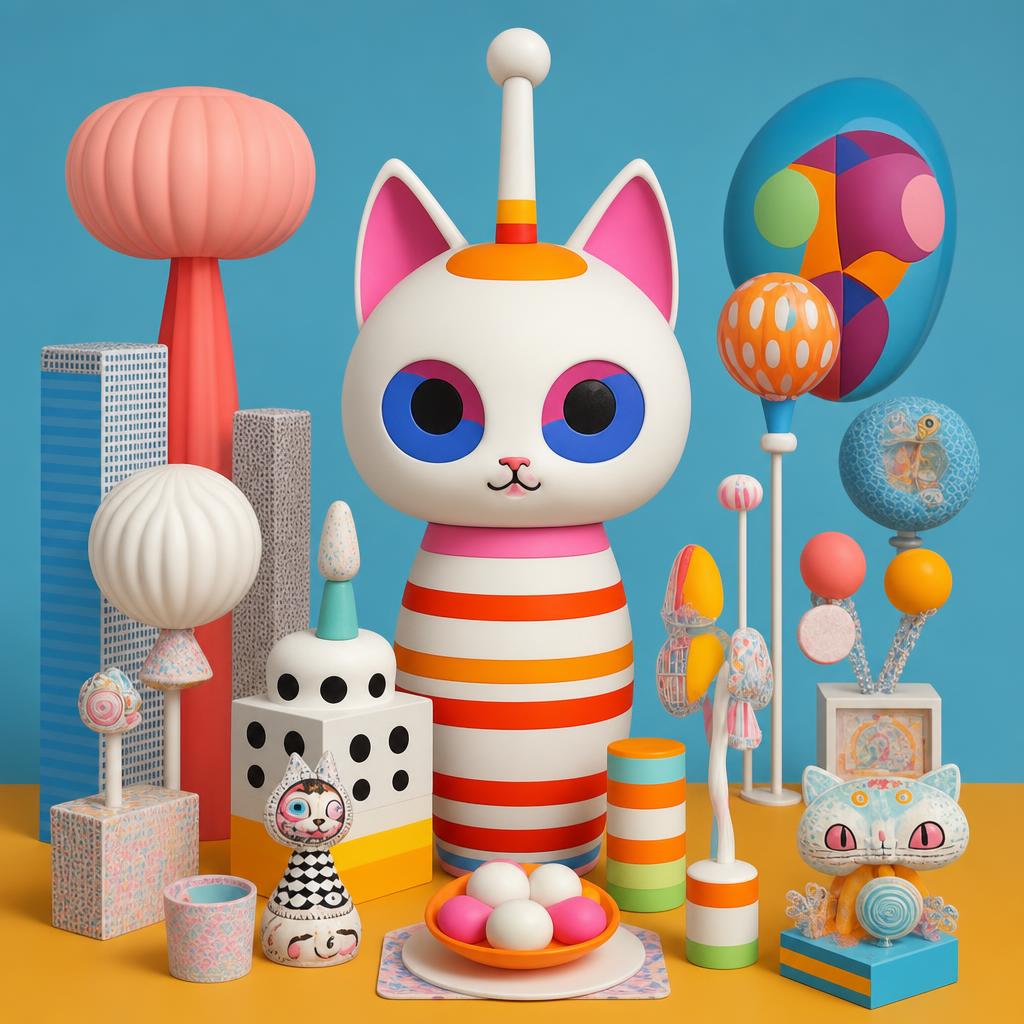 Soo — a white cat creature with blue eyes, orange stripes and a tall antenna, in a pastel city