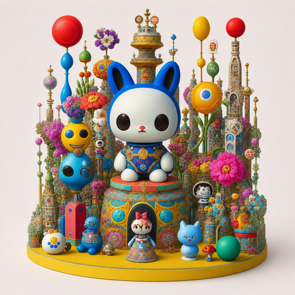 Sophie — a white rabbit creature with blue ears and ornate blue robes, enthroned in a cathedral of flowers