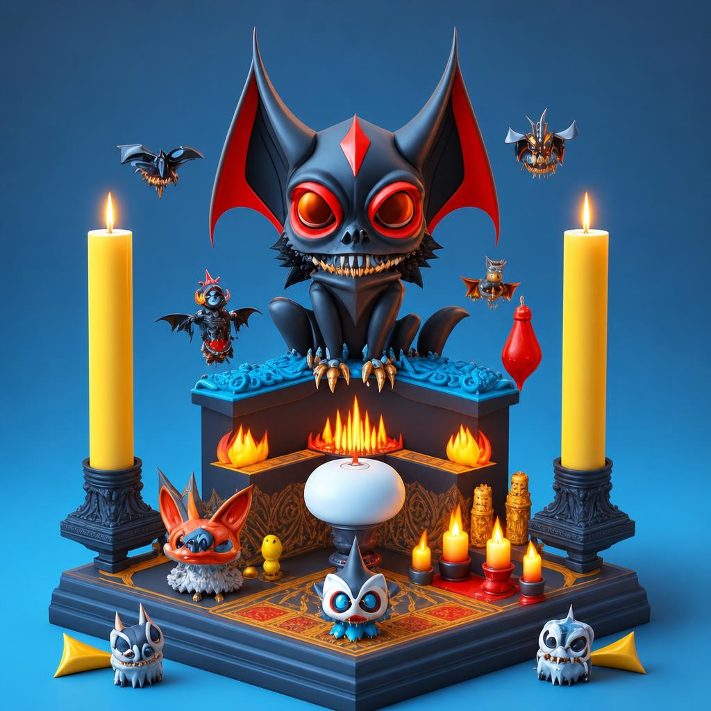 Arty — a dark bat-winged kawaii-tech creature with red eyes, perched on a candle-lit altar