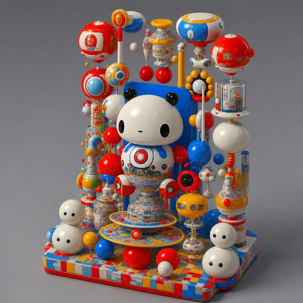 Sweet Waffles — a glossy white kawaii-tech creature with button eyes, enthroned among red, blue and yellow orb machines